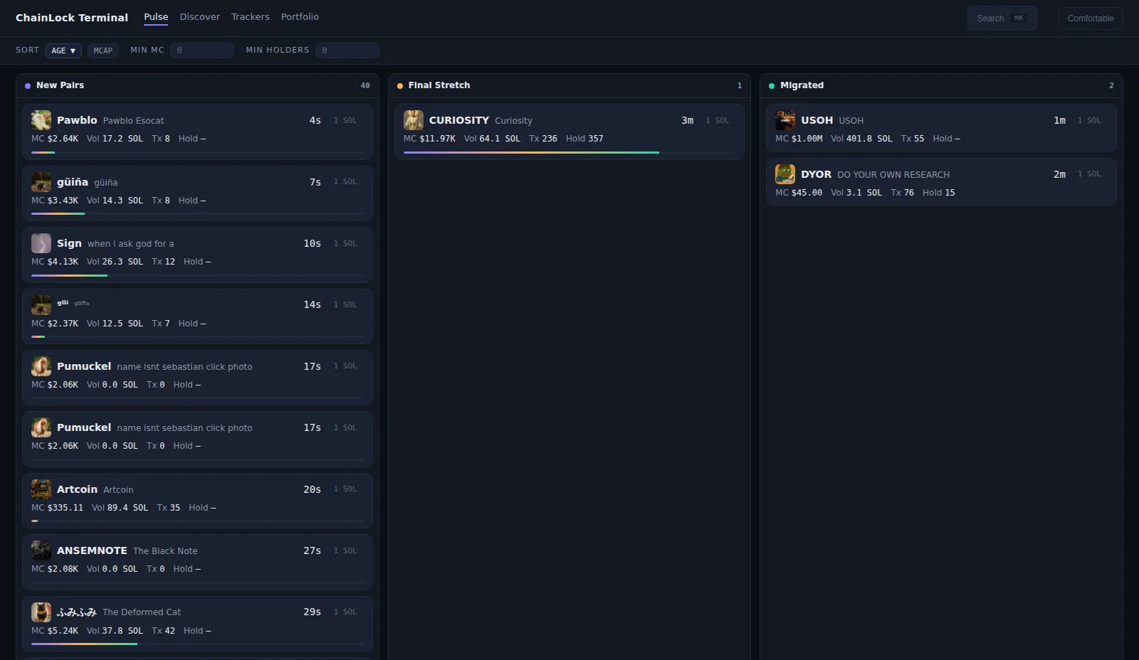 Pulse discovery board showing New Pairs, Final Stretch, and Migrated columns populated with live token data